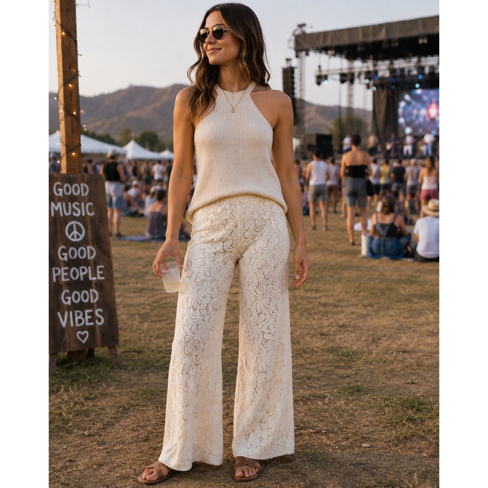 Lace Flare Pants Women XL Cream Floral Boho Wide Leg Festival Ren Fair Sheer